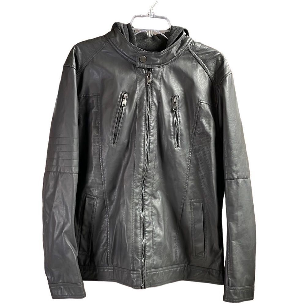 CARBON Women’s Hooded Faux Leather Riding Jacket Coat Dark Grey Size Large